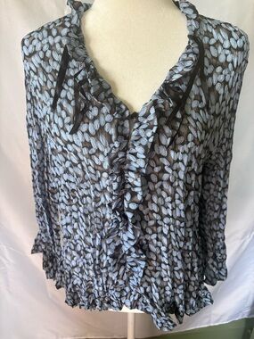 Dressbarn Chiffon Blouse Women's Brown Blue Ruffle Bow V-Neck Long Sleeve L